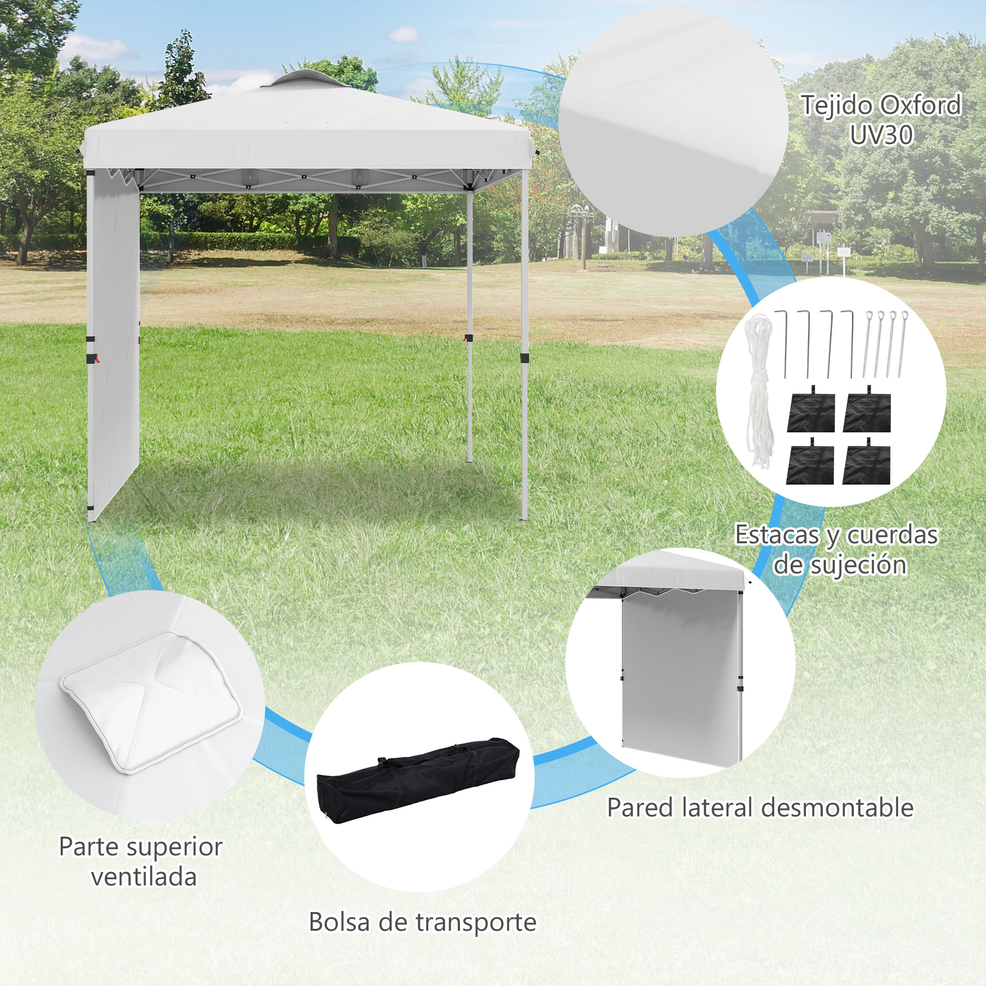 Carpa Plegable 2,5x2,5 m Cenador de Jardín con 1 Pared Lateral Altura Ajustable en 3 Niveles Anti-UV Impermeable y Bolsa de Arena Gazebo para Exterior Camping Fiestas Blanco