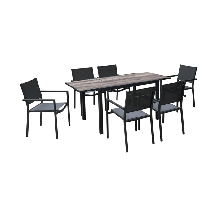 Table de jardin aluminium 120/180cm avec 6 chaises empilables aluminium et textilène