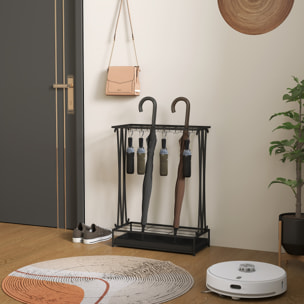 Paragüero Moderno Rectangular Soporte de Paraguas de Acero con 24 Ganchos 21 Espacios y Bandeja Recogegotas Extraíble Paragüero para Entrada Oficina 50x24x68 cm Negro