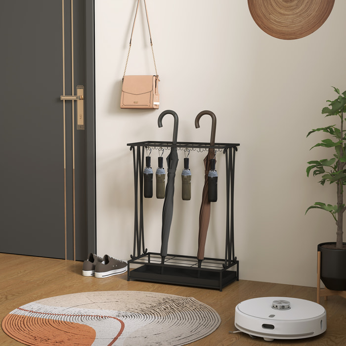 Paragüero Moderno Rectangular Soporte de Paraguas de Acero con 24 Ganchos 21 Espacios y Bandeja Recogegotas Extraíble Paragüero para Entrada Oficina 50x24x68 cm Negro