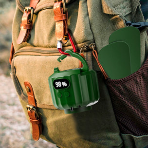 Ventilatore P15 con motore senza spazzole, LED con 12 luci, 3 velocità, 3 livelli di luce e 3 timer. Include telecomando, pale rimovibili e powerbank da 10400 mAh.