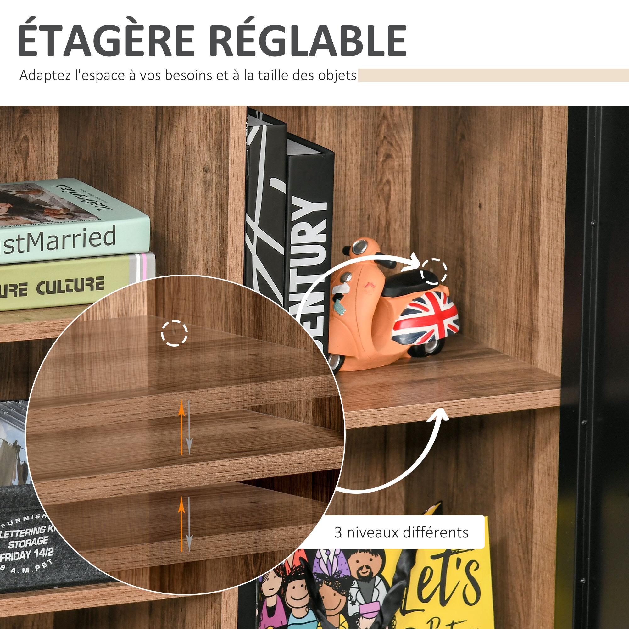 Buffet design industriel - meuble de rangement 3 niches placard - effet bois métal noir