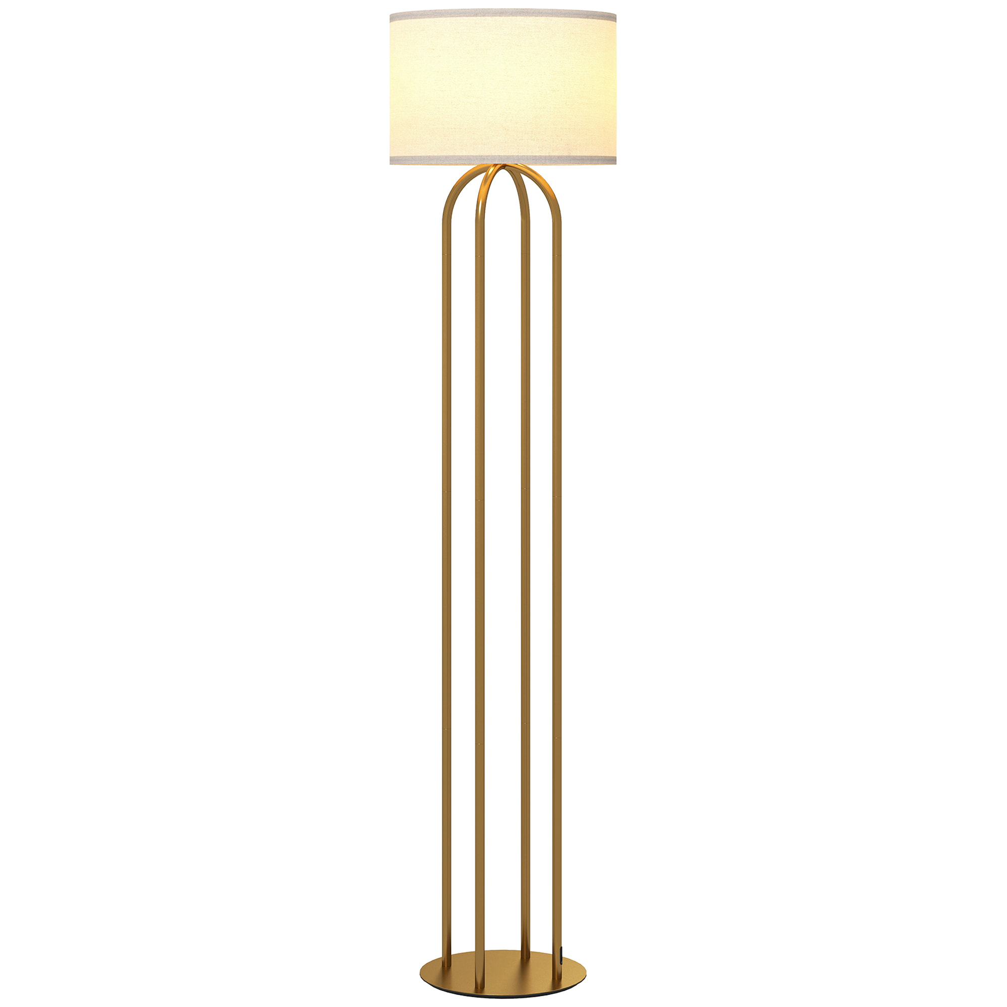 Lampadaire design métal doré 4 pieds base abat-jour circulaire lin beige dia. 38 x H.161 cm