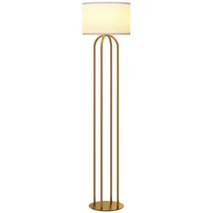 Lampadaire design métal doré 4 pieds base abat-jour circulaire lin beige dia. 38 x H.161 cm