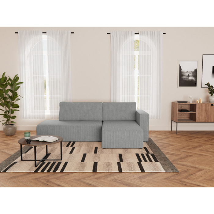Topaze - canapé d'angle droit 4 places convertible avec coffre sans accoudoir en velours côtelé - Gris clair
