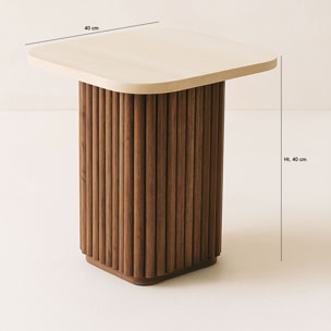 Table d'appoint carré effet travertin et pied effet noyer 40cm