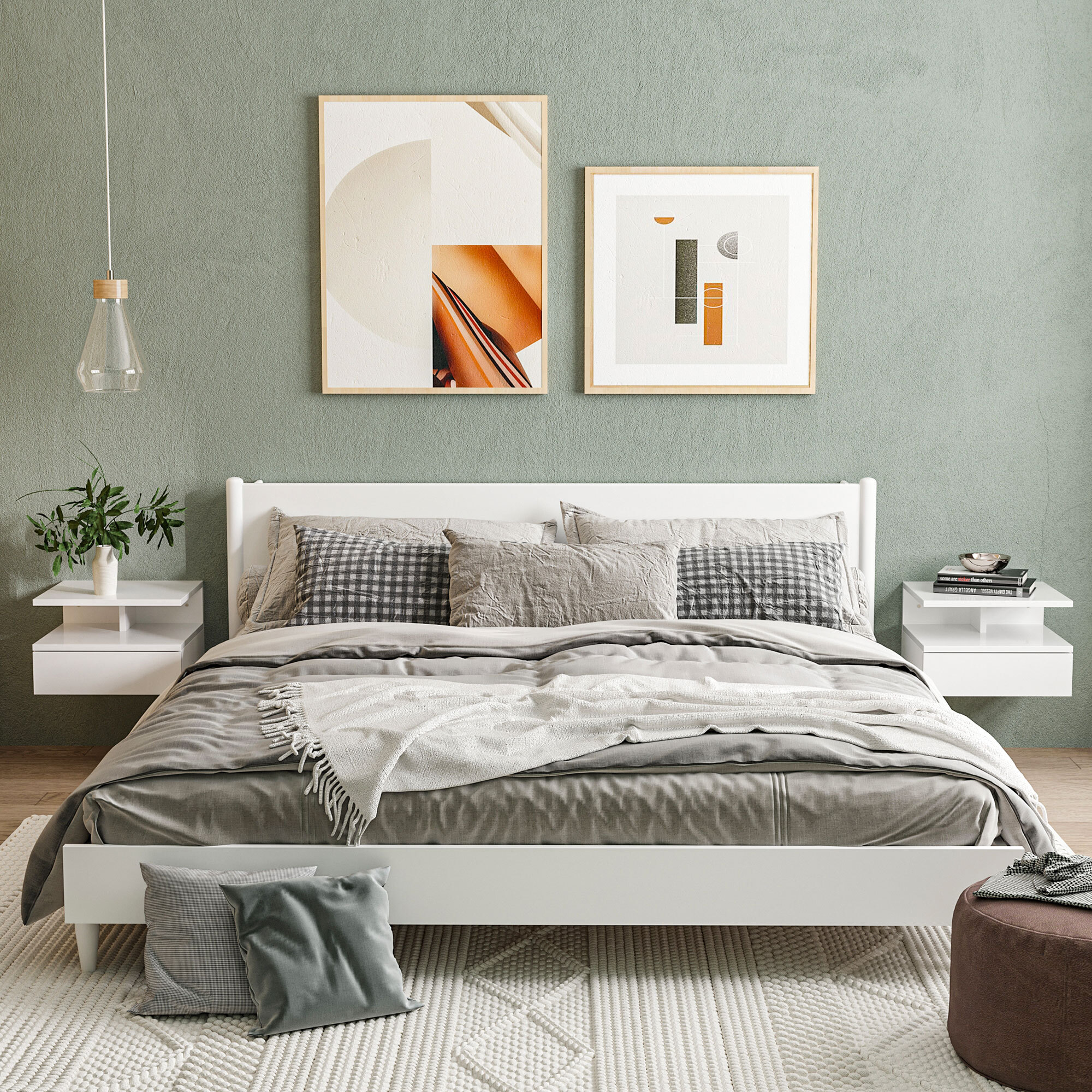 Lot de 2 tables de chevet murales - lot de 2 tables de nuit - tiroir coulissant, niche et plateau - blanc