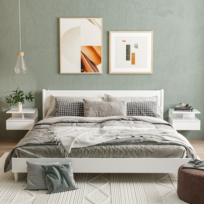 Lot de 2 tables de chevet murales - lot de 2 tables de nuit - tiroir coulissant, niche et plateau - blanc