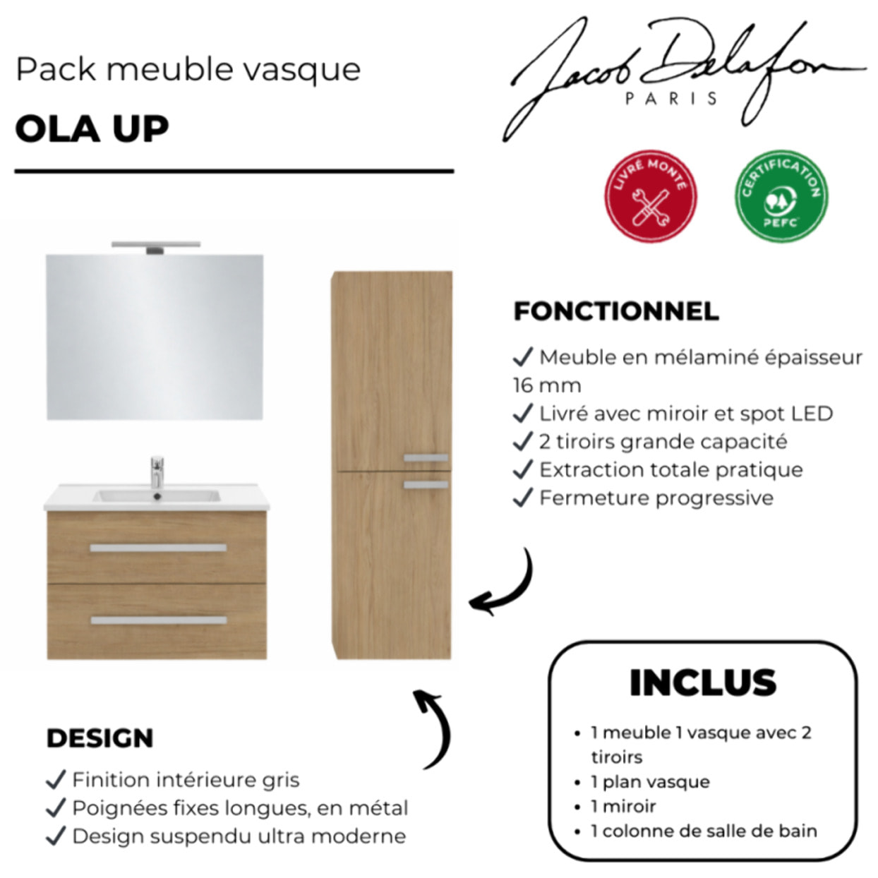 Meuble vasque Ola Up chêne + colonne + miroir et spots