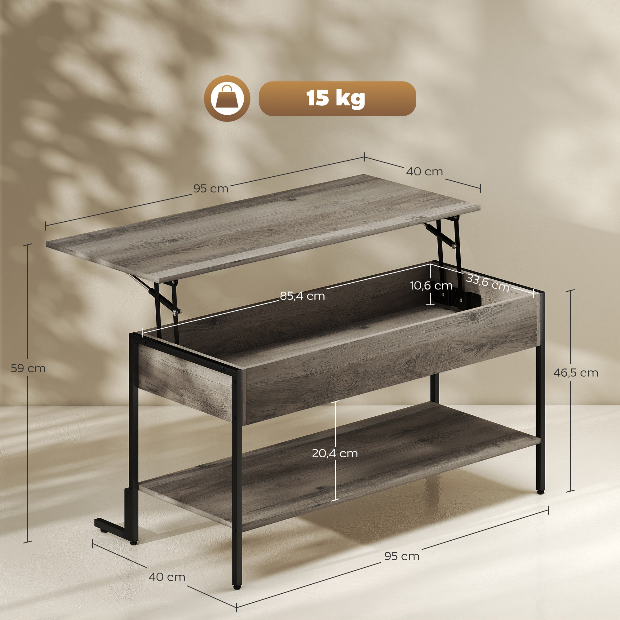 Table basse relevable style industriel - étagère - plateau relevable H.46-59 cm - métal noir effet bois gris