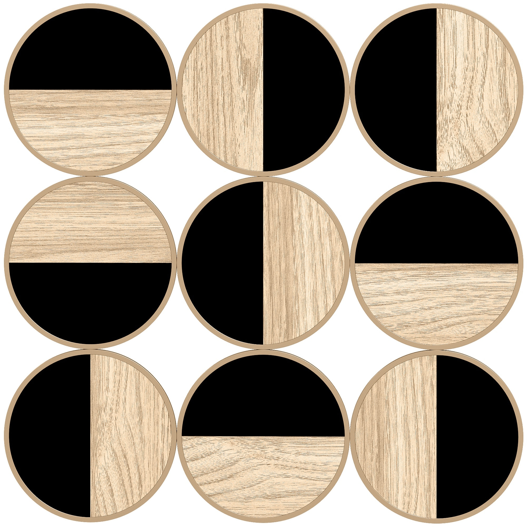 Cuadro Decorativo de Pared Geométrico, Adorno Moderno 3D de 60x60 cm, Escultura de Pared con Espejo de Plástico, Marco Metálico, para Salón, Dormitorio, Pasillo, Negro y Madera Natural