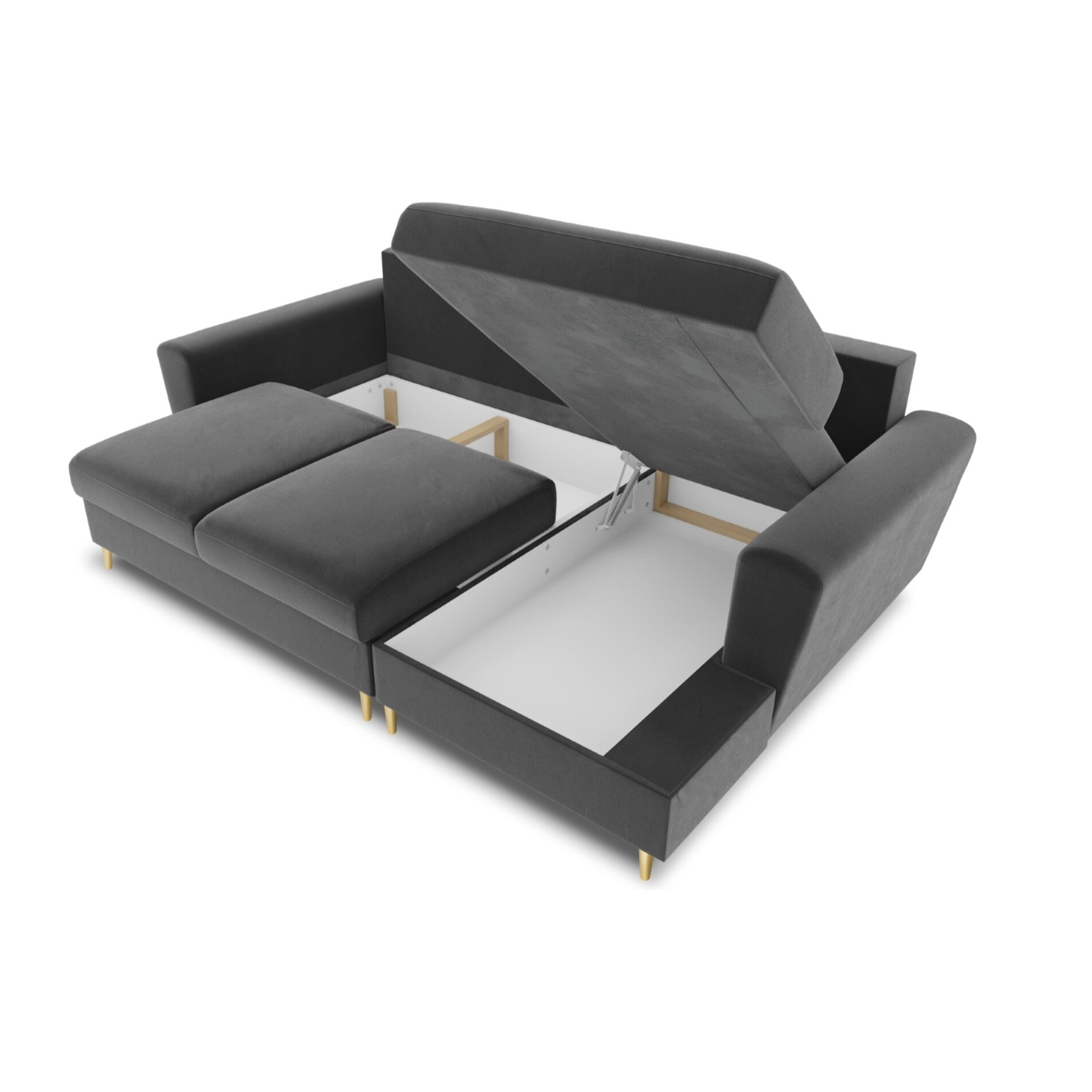 Canapé d'angle droit convertible avec coffre de rangement "Kyoto" 4 places en velours gris clair