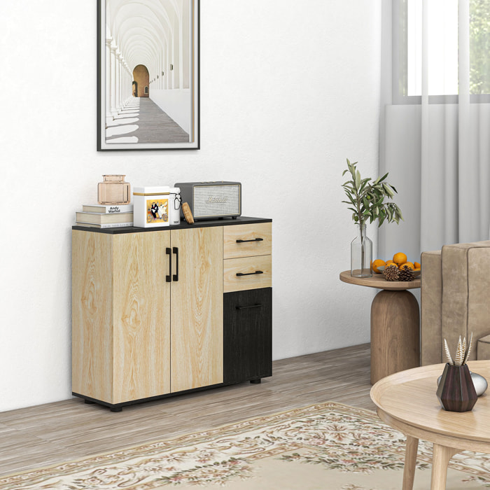 Aparador de 2 Puertas, Aparador de Salón Estrecho con 2 Cajones, Armario de Cocina con Estante Ajustable, para Entrada, Dormitorio, 90x30x75,5 cm, Natural y Negro