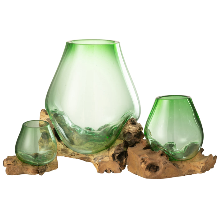 J-Line vase Sur Pied Gamal - bois/verre - naturel/vert - large - 33 cm hauteur