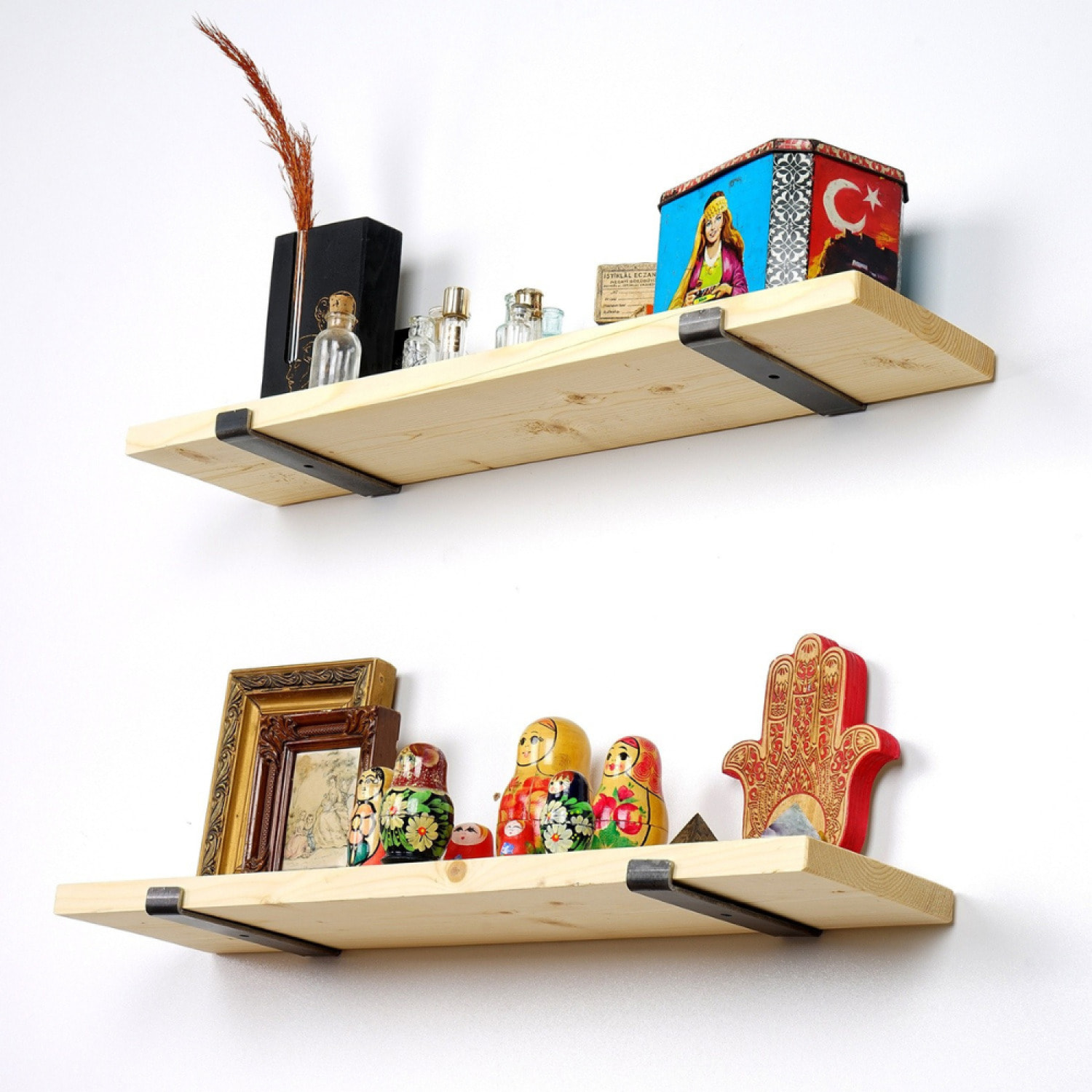 MUSE - Étagère murale en bois d'épicéa et métal - 2 rangements - bois et noir