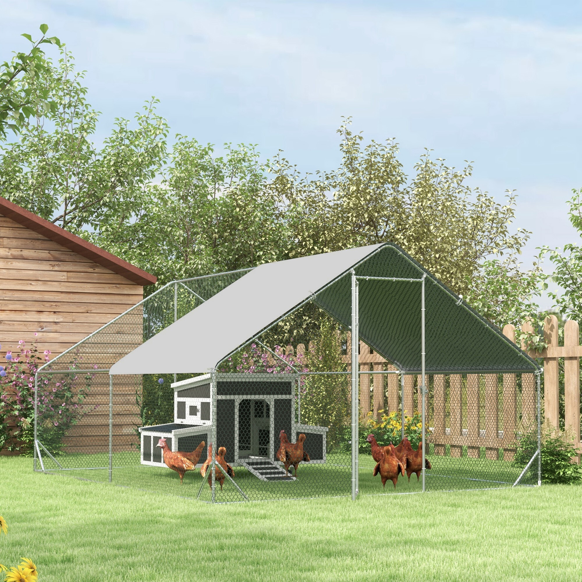 Conjunto de 1 Gallinero de Madera con Ventana Puerta Nido Bandeja Extraíble 147x93,5x89,5 cm y 1 Gallinero para Exterior Grande de Acero Galvanizado 3x4x2 m