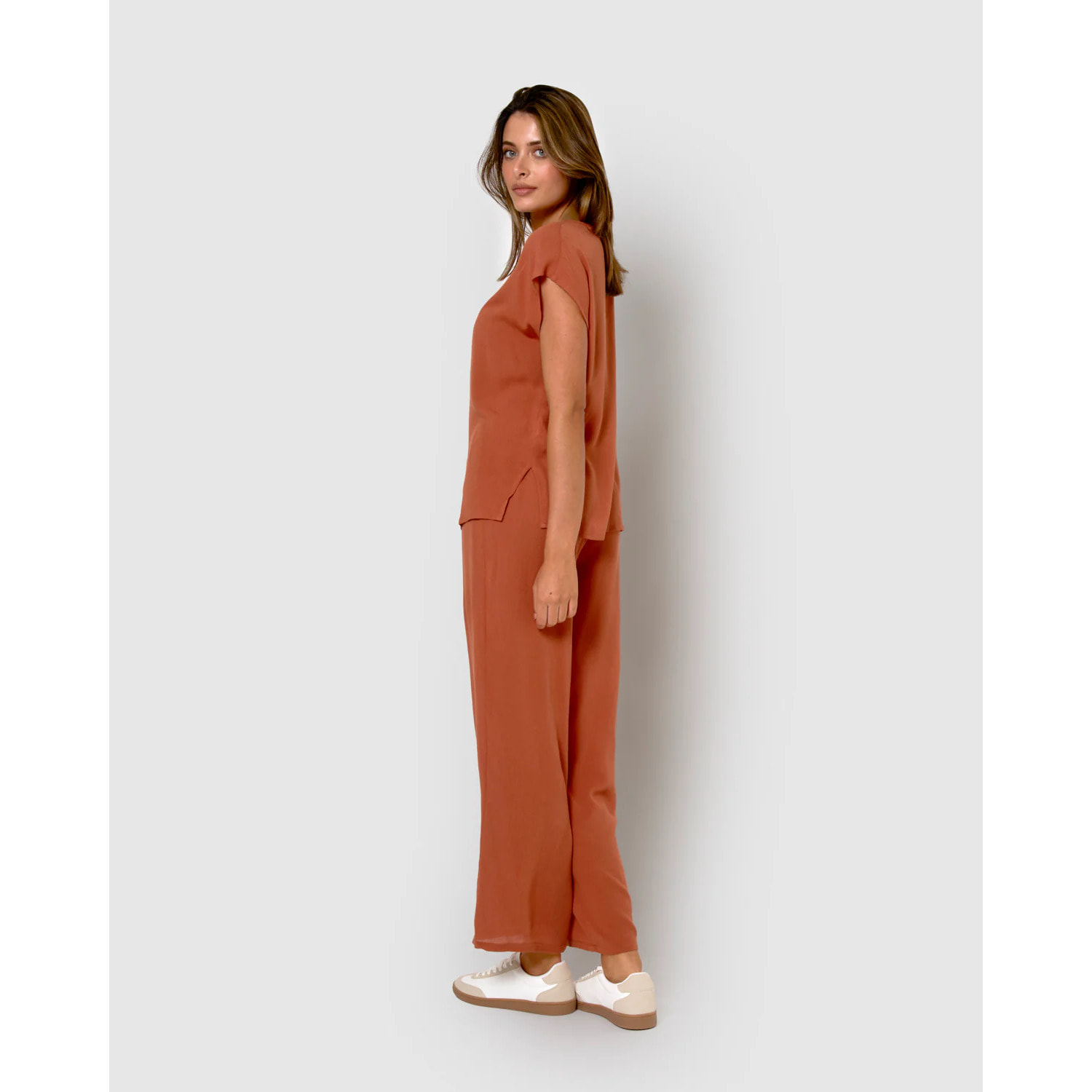 Camisa mujer bambula detalles plisados teja