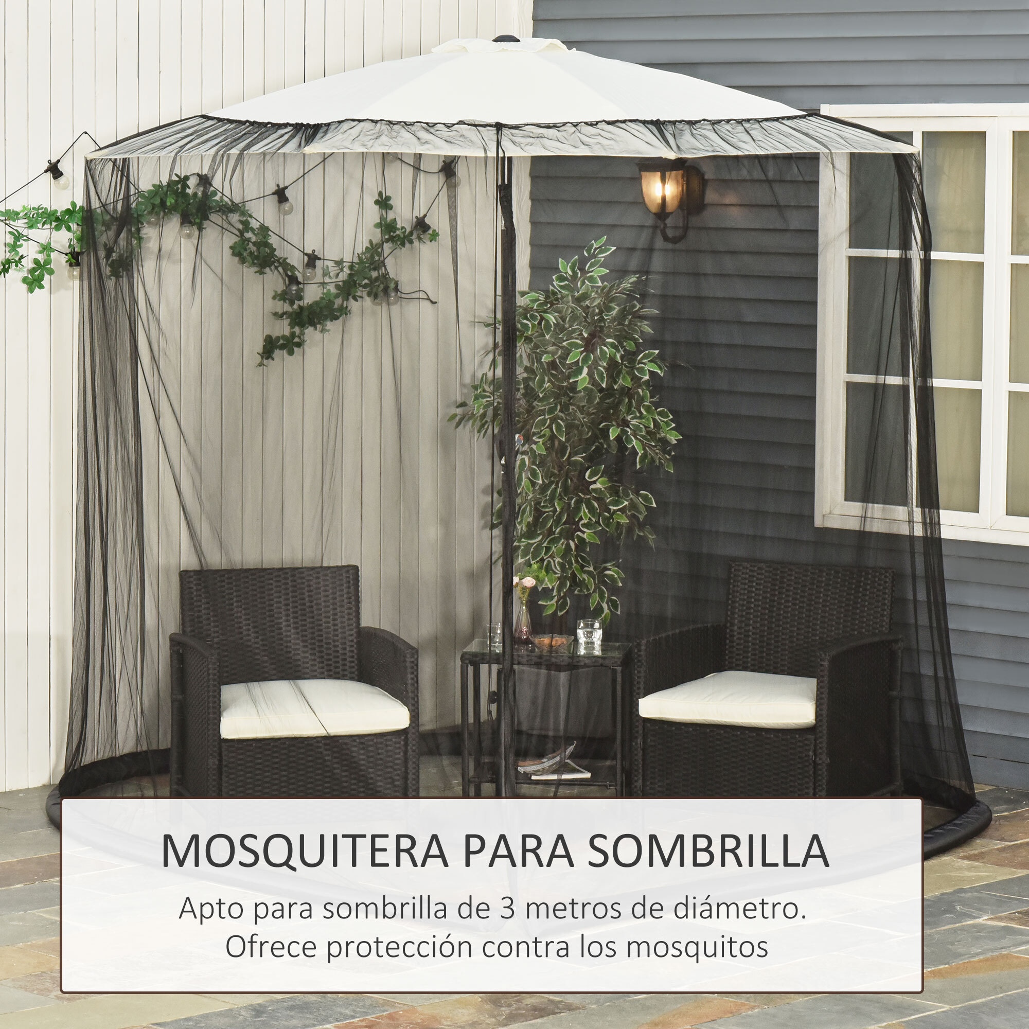 Mosquitera para Sombrillas de Jardín Ø3 m Cubierta de Red de Parasol con Cremallera y Tubo Rellenable de Agua para Terraza Balcón Exterior Negro