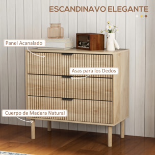 Cómoda con 3 Cajones Cómoda de Dormitorio Estilo Nórdico con Sistema Anti-vuelco Frentes con Paneles Acanalados y Tiradores Metálicos Cajonera para Salón Pasillo 80x40x77,5 cm Roble