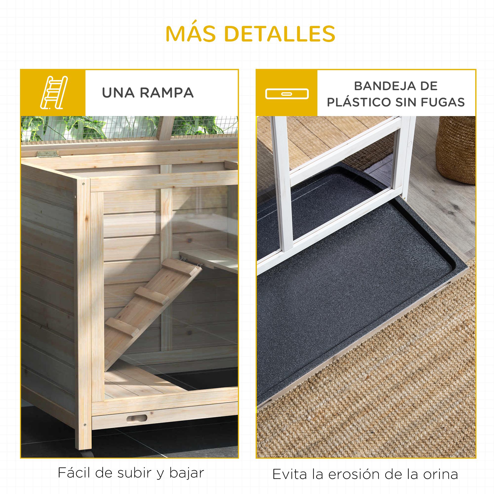 Conejera de Madera con Ruedas 91,5x53,3x73 cm Jaula para Conejos de 2 Niveles con Techo Abatible Bandeja Extraíble y Rampa Natural