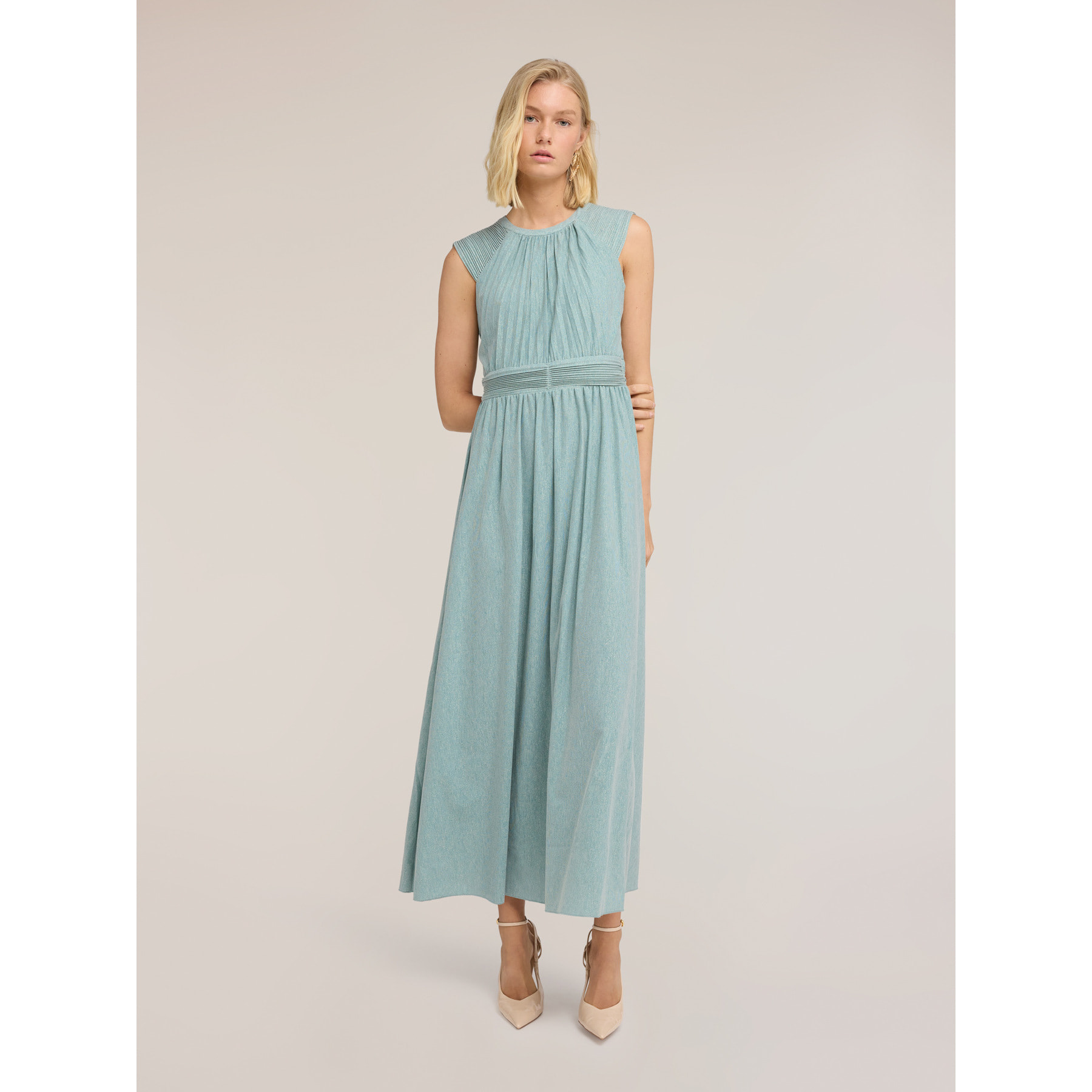 Motivi - Vestito lungo plissé in jersey lurex - Azzurro