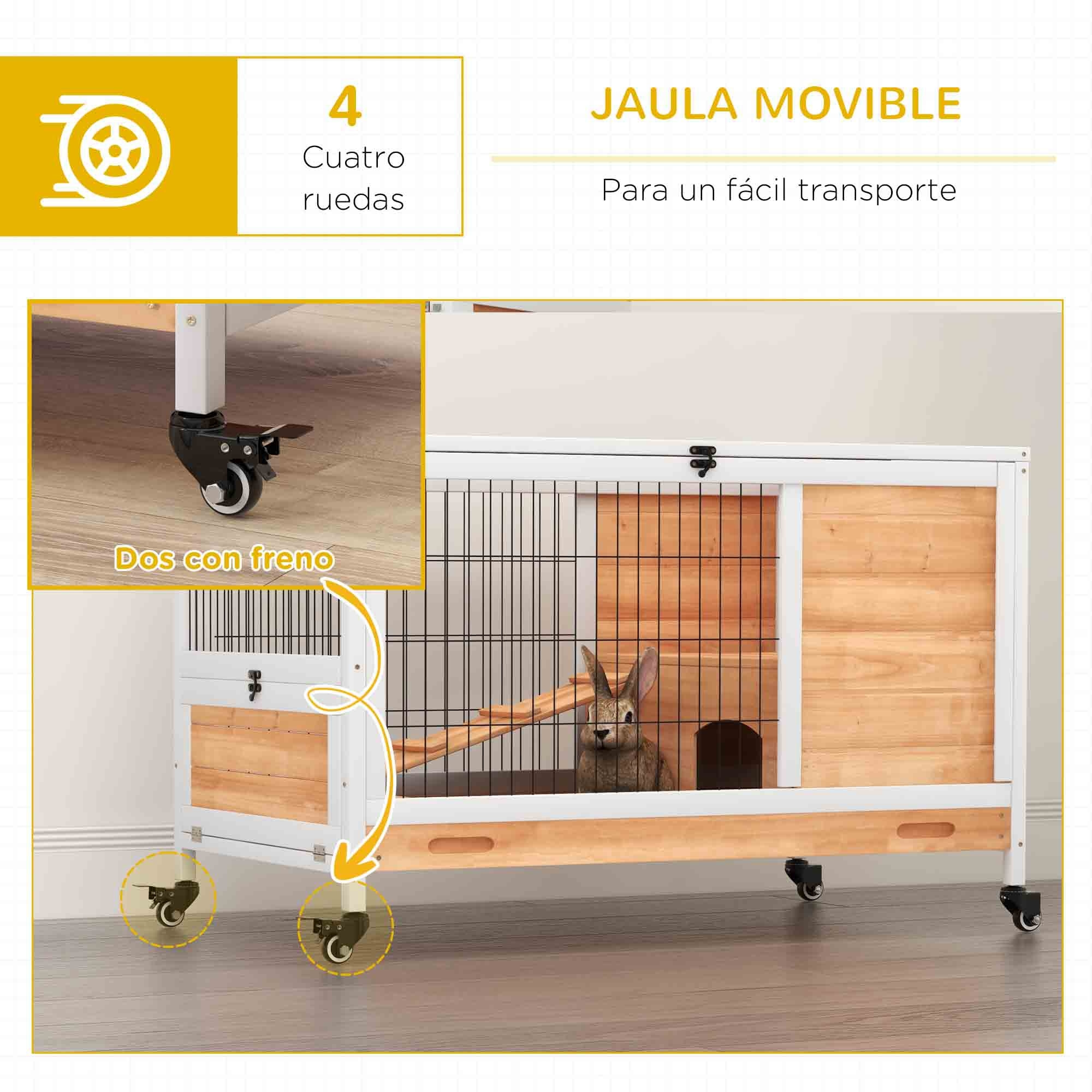 Jaula para Conejos de Madera Conejera para Mascotas Pequeñas Portátil Interior con Techo Abrible Rampa Bandeja Extraíble para Conejillos de Indias 90x53x59 cm Natural y Blanco