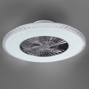 Harstad - Ventilatore e plafoniera LED Ø60 cm con bordo effetto cristallo, telecomando, dimmer, timer, luce notturna ed effetto stelle