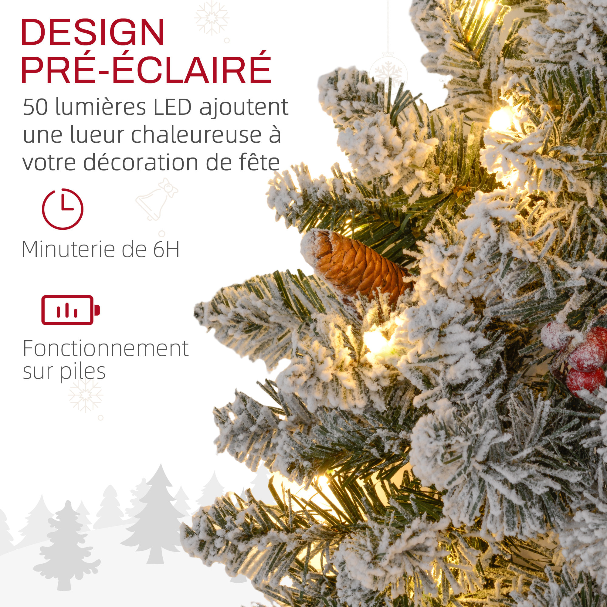 Couronne de Noël artificielle LED 60 cm - pommes de pin, baies rouges, 50 LED blanc - effet enneigé