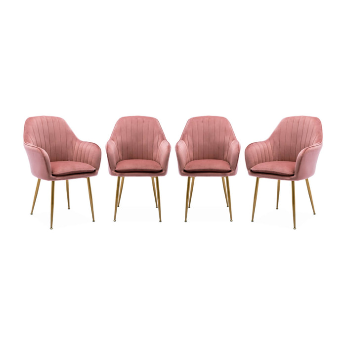 Lot de 4 fauteuils en velours vieux rose et pieds en métal noir. Shella L 57 x P 59 x H 84.5
