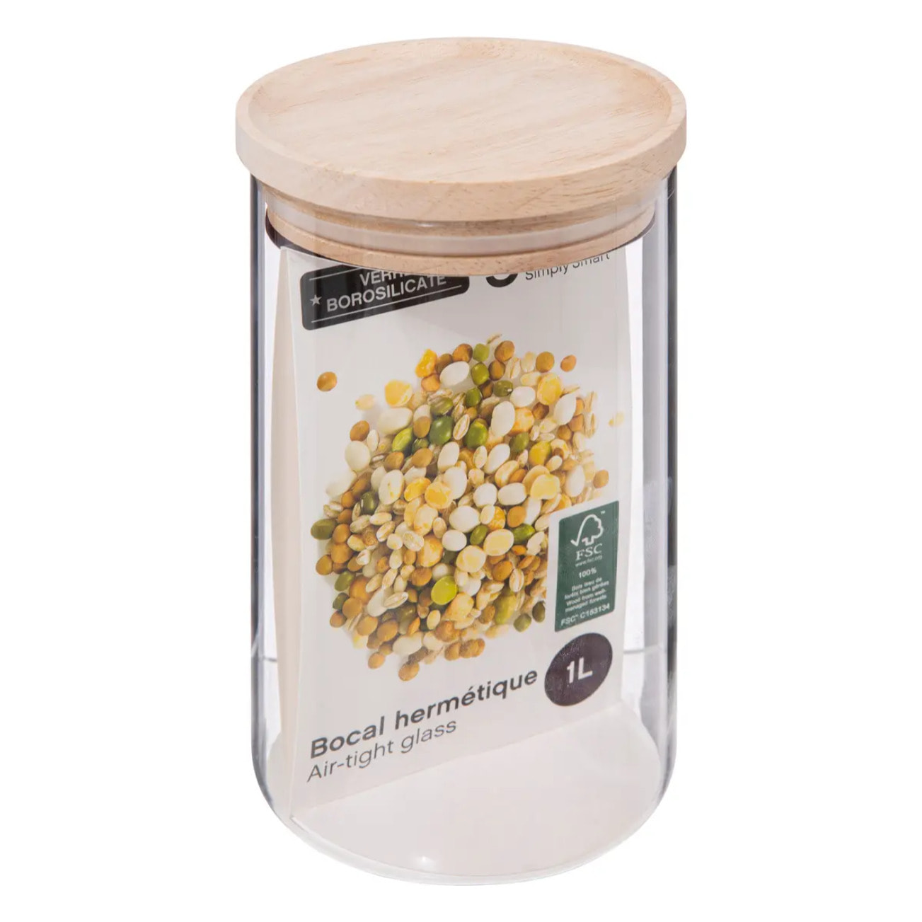 Bocal verre couvercle bois "Hermet" 1L
