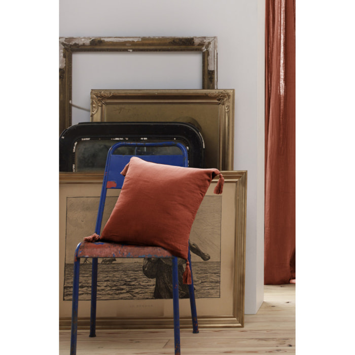 Coussin déhoussable avec pompons "Gaïa" 40 x 40 cm "Gaze de Coton" - Couleur: Gaïa Terracotta