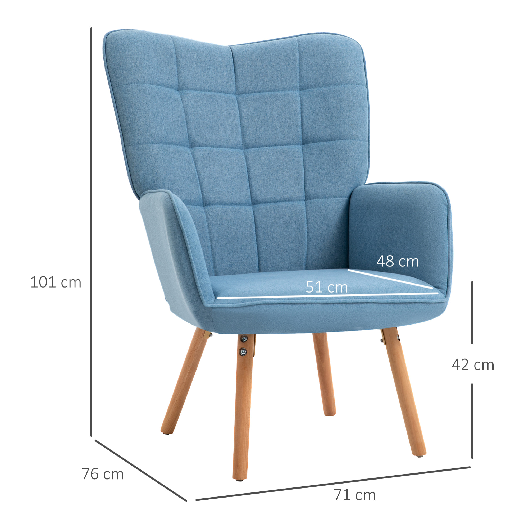 Butaca de Salón Moderna Sillón con Respaldo Alto Reposabrazos Tela de Lino y Patas de Madera de Haya para Comedor Cocina 71x76x101 cm Azul