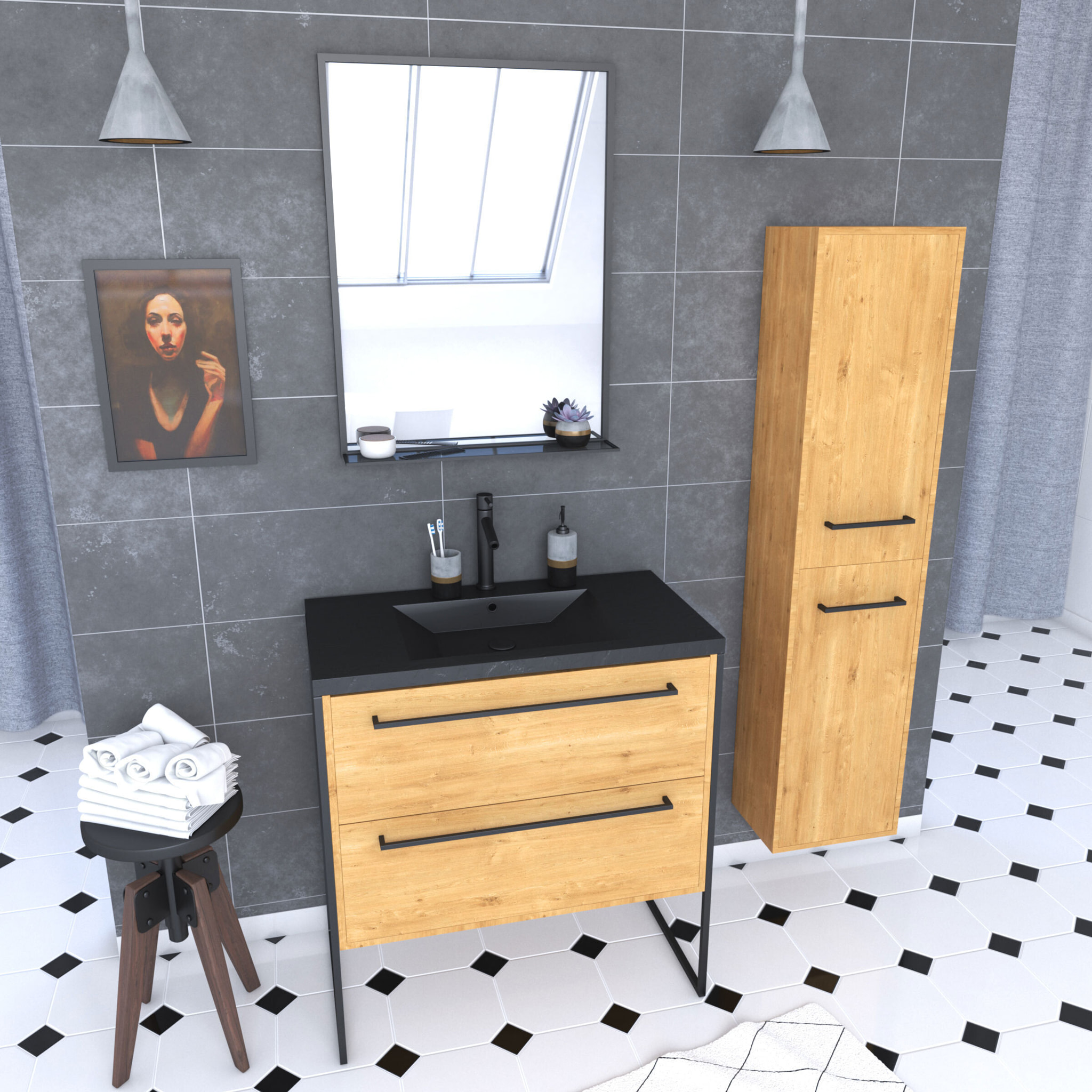 Pack meuble de salle de bain 80x50cm chene brun - 2 tiroirs chene brun - vasque resine noire