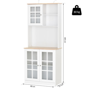 Armoire de cuisine multi-rangements 3 portes vitrine verre avec étagère 2 niches grand plateau MDF blanc chêne