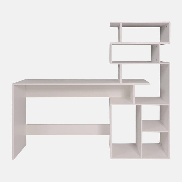 Scrivania con libreria alta moderna, Consolle con scaffali portaoggetti, Tavolo da studio per cameretta, cm 160x40xh135, colore Bianco