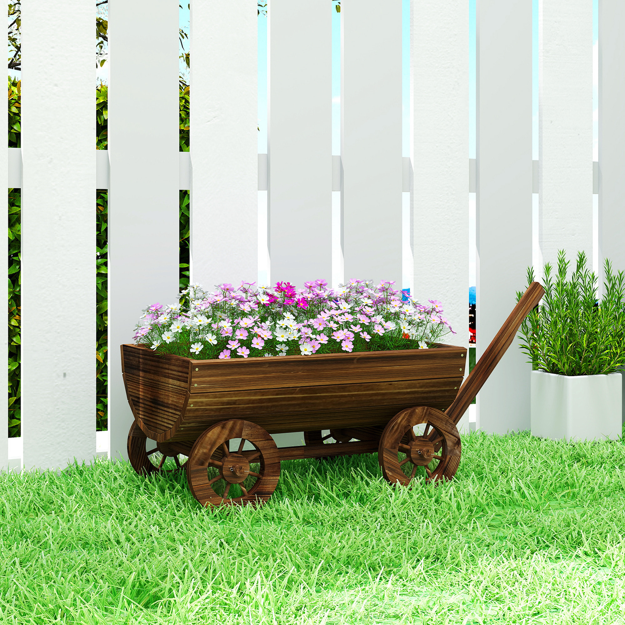 Carrito de Madera Decorativa con 4 Ruedas y Mango, Jardinera Exterior Móvil con Orificio de Drenaje, Macetero Exterior para Cultivos, Plantas, Jardín, Terraza, 115x40x54,5 cm, Carbonizado