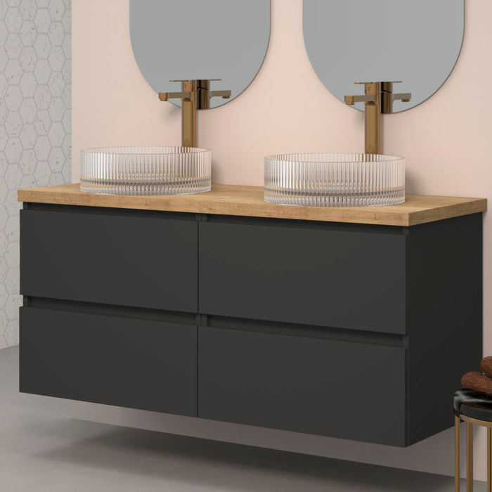 CONJUNTO DE BAÑO KUB | 140 CM NEGRO | CUATRO CAJONES | LAVABOS DE CRISTAL | NO INCLUYE ESPEJO | MUEBLE MONTADO | ALDAY