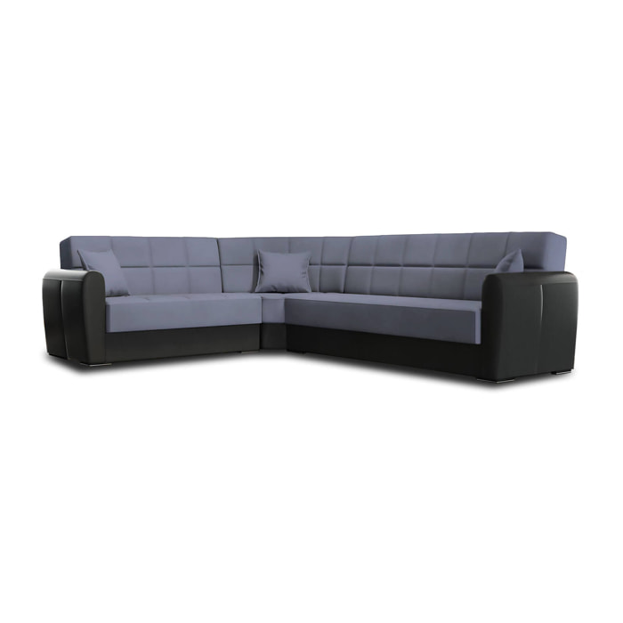 Divano letto Matias, Divano letto contenitore ad angolo in ecopelle e tessuto, Sofà da soggiorno con apertura click-clack e penisola reversibile, 305x238h91 cm, Nero e Grigio