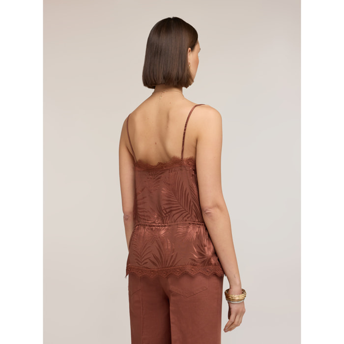 Motivi - Top de raso jacquard con encaje - Marrón