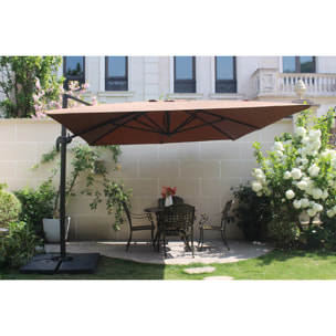 Bundle parasol rectangulaire 3x4m déporté rotatif marron aluminium + housse NAVIA