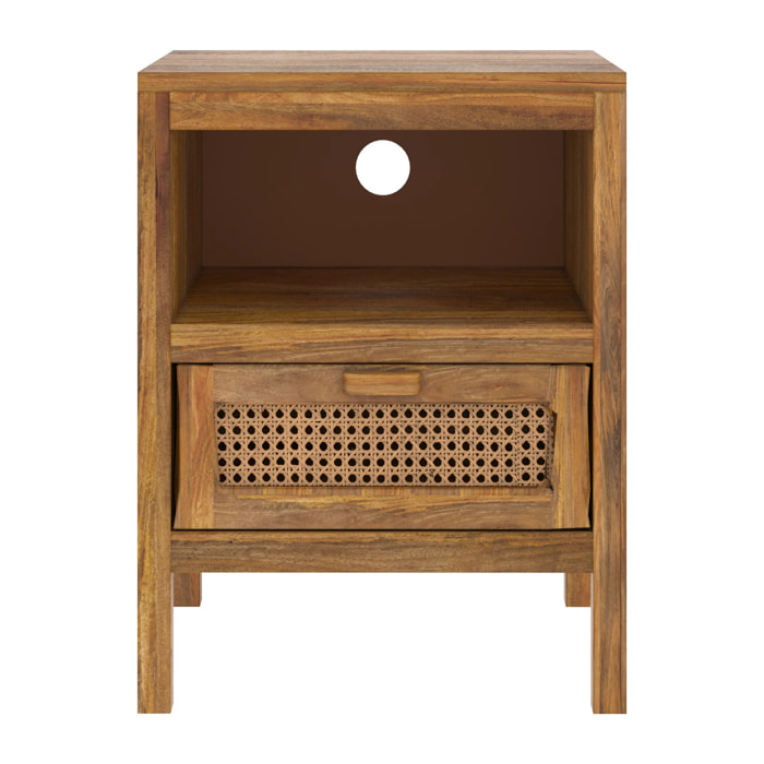 Table de chevet en cannage et bois, 1 tiroir et 1 niche - Tiki
