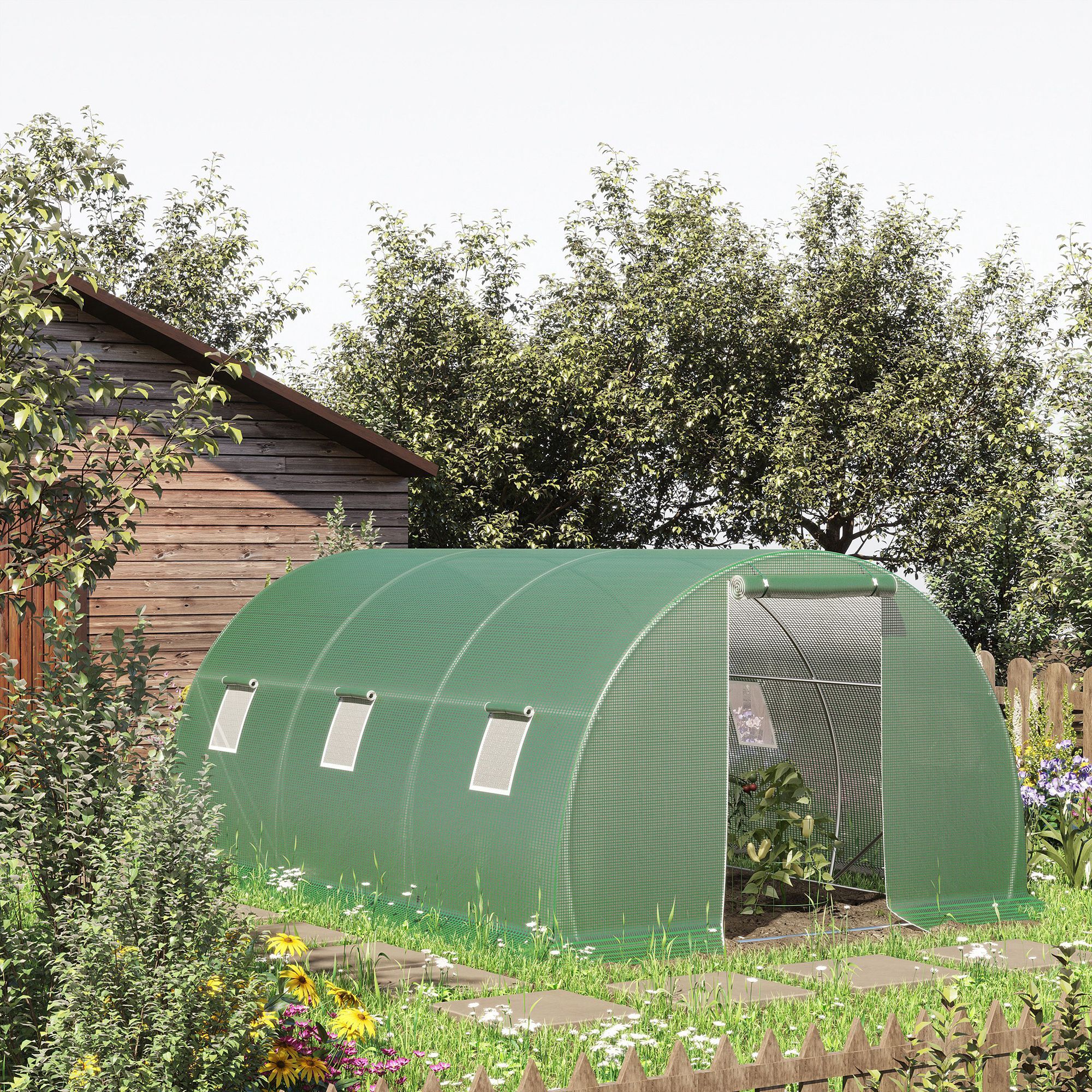 Serre tunnel 13,5 m² dim. 4,5 x 3 x 2 m - 6 fenêtres, porte zippée enroulable - acier galvanisé PE haute densité vert