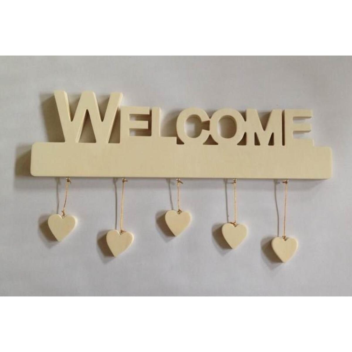 Targhetta in balsa con scritta welcome con cuori cm45x1,5h13