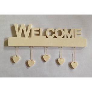 Targhetta in balsa con scritta welcome con cuori cm45x1,5h13