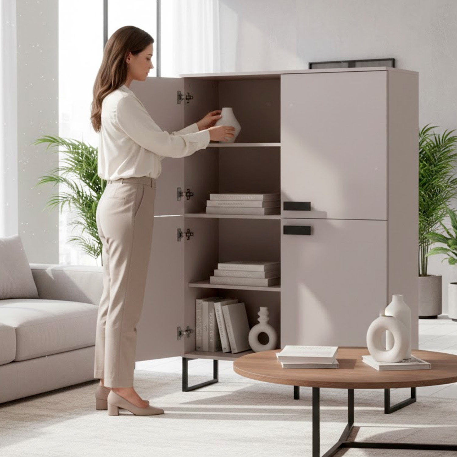 Madia Alta 4 Ante Mobile Soggiorno Moderno Con 4 Ripiani Interni E Piedini Neri Design Elegante Per Sala Da Pranzo Salotto 108 x 144 x 40 Cm Cashmere