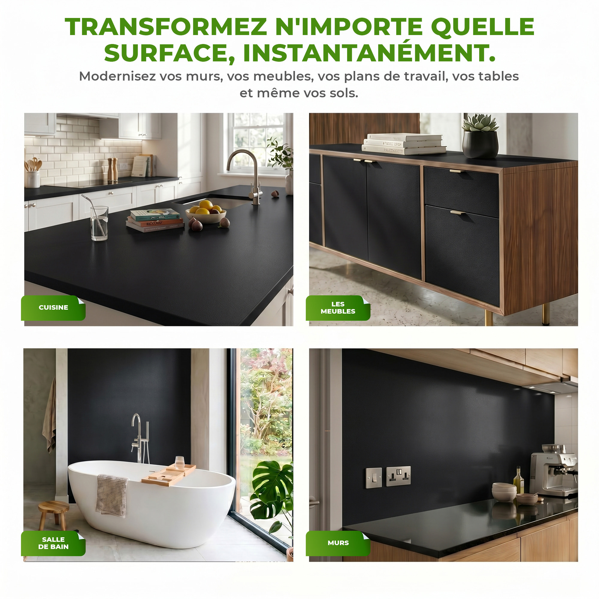 Rouleau adhésif décoratif Vinyle au Mètre - Noir - Sticker Lavable Imperméable Mur Cuisine Meubles