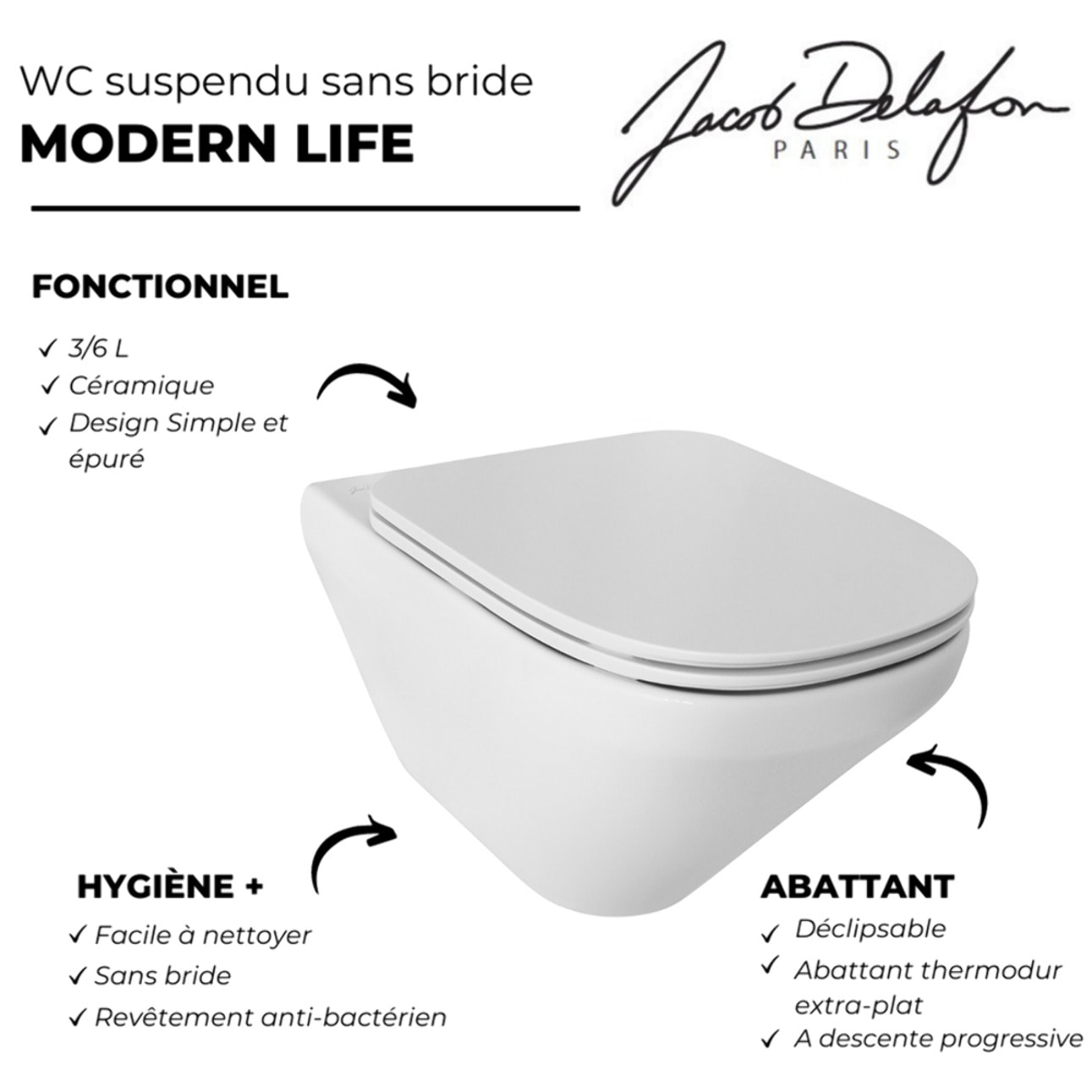 Pack WC suspendu sans bride Modern Life + abattant + bâti-support + plaque rectangle chromé