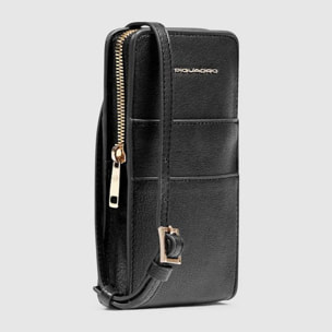 Piquadro Porta telefono da collo in pelle con porta carte di credito