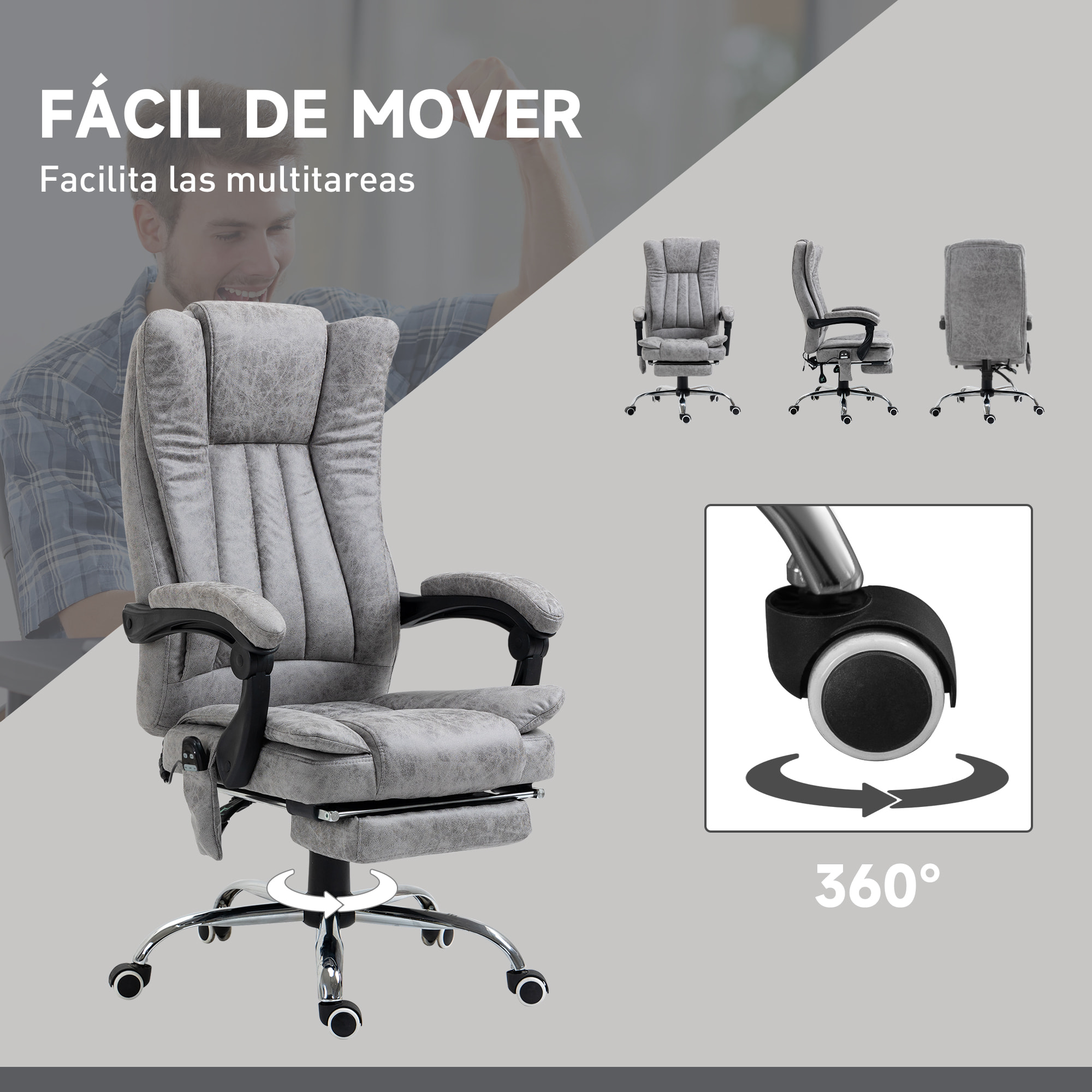 Silla de Oficina con 6 Puntos de Masaje, Silla de Escritorio Giratoria con Respaldo Reclinable 135Âº, Función de Calefacción, Reposapiés Retráctil, Altura Ajustable y Control Remoto, Gris