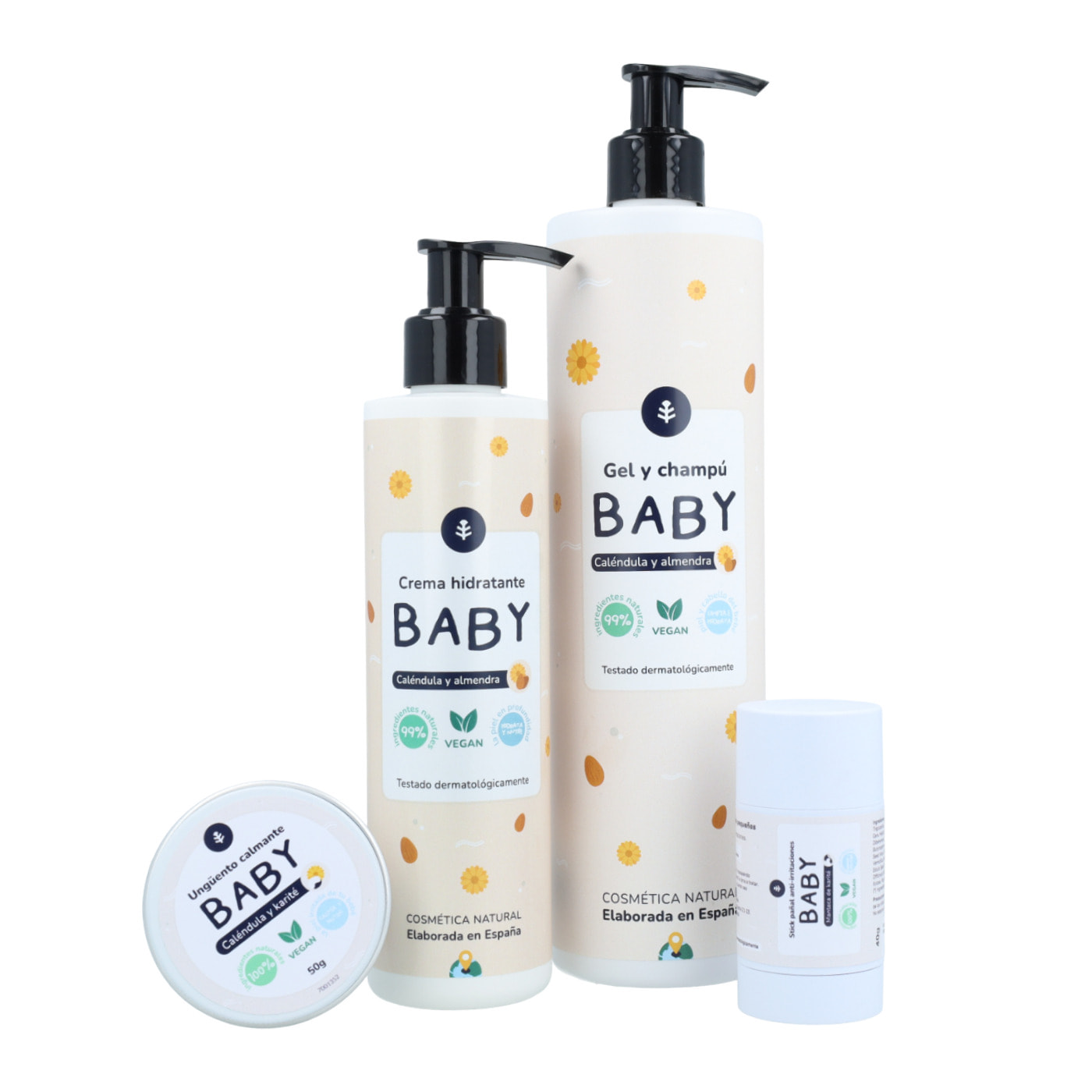 Pack bienvenida del bebé: gel y champú, crema corporal, ungüento calmante y stick de pañal Planeta Huerto